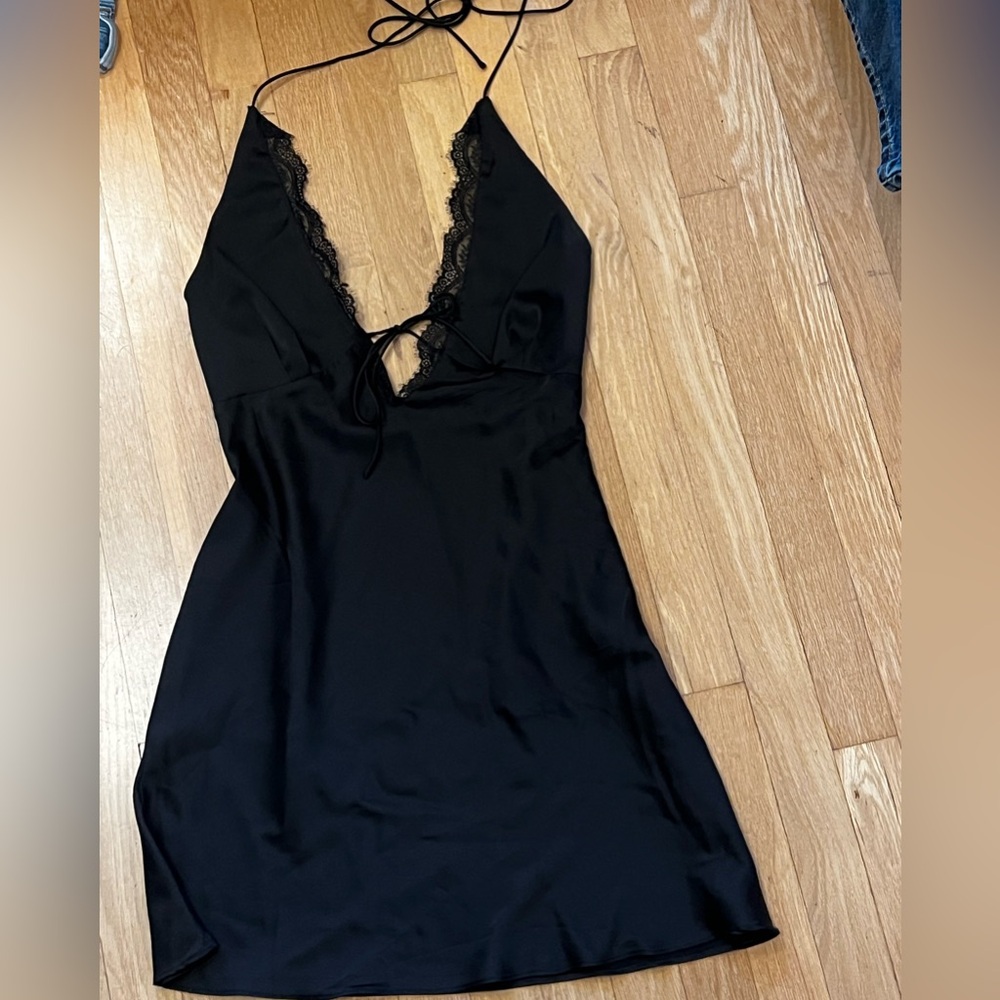 Black Lace Trim Halter mini Slip Dress